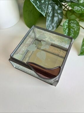 Vintage Etched Floral Stained Glass Trinket Box Decor